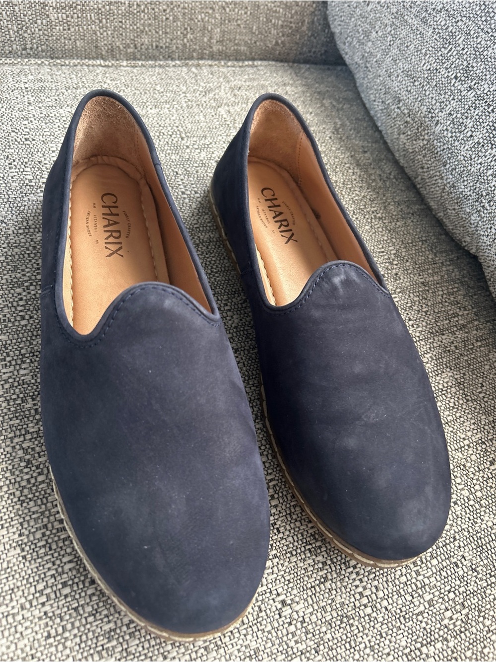 CHARI XNavy Suede Slip-On Flats with Tan Trim